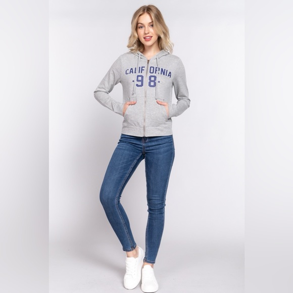 ACTIVE BASIC CALIFORNIA Zip Up Drawstring Long Sleeve Hoodie - Picture 5 of 5